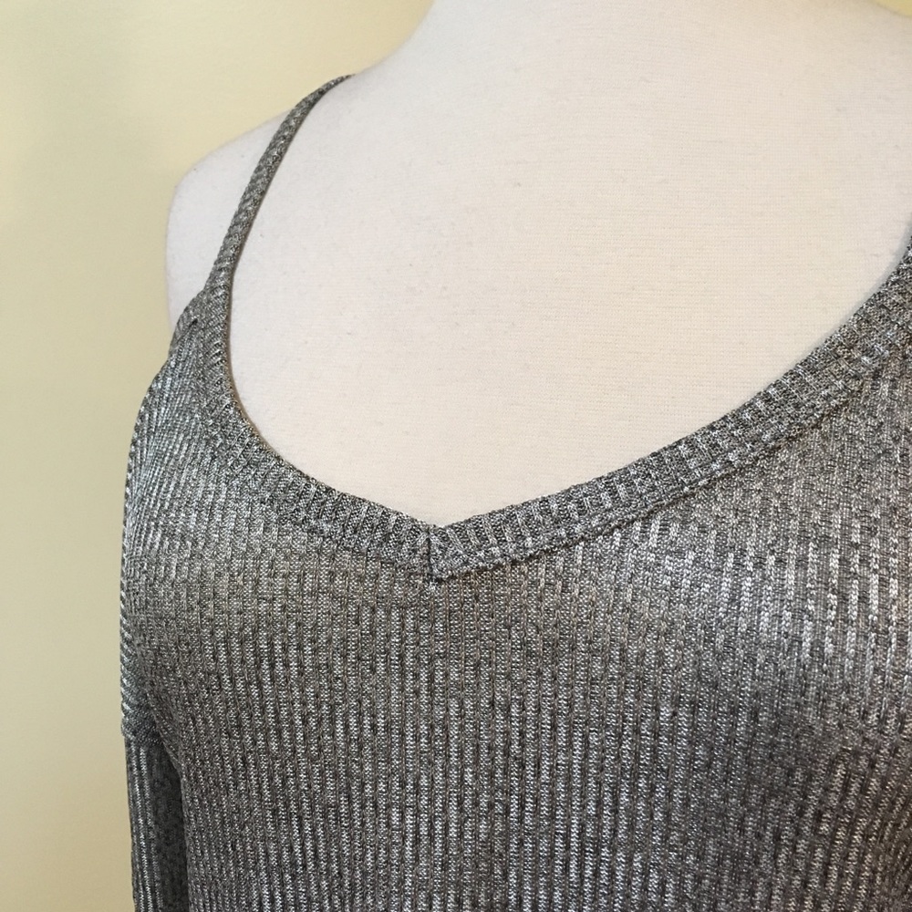 Cold Shoulder High Low Long Sleeve Metallic Silver Knit Top - Picture 5 of 6